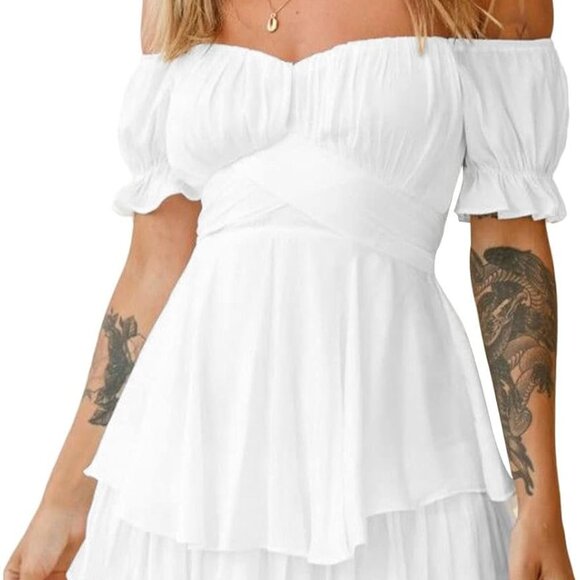 Womens Summer Off-Shoulder Ruffled Mini Dress Polyester Casual Beach